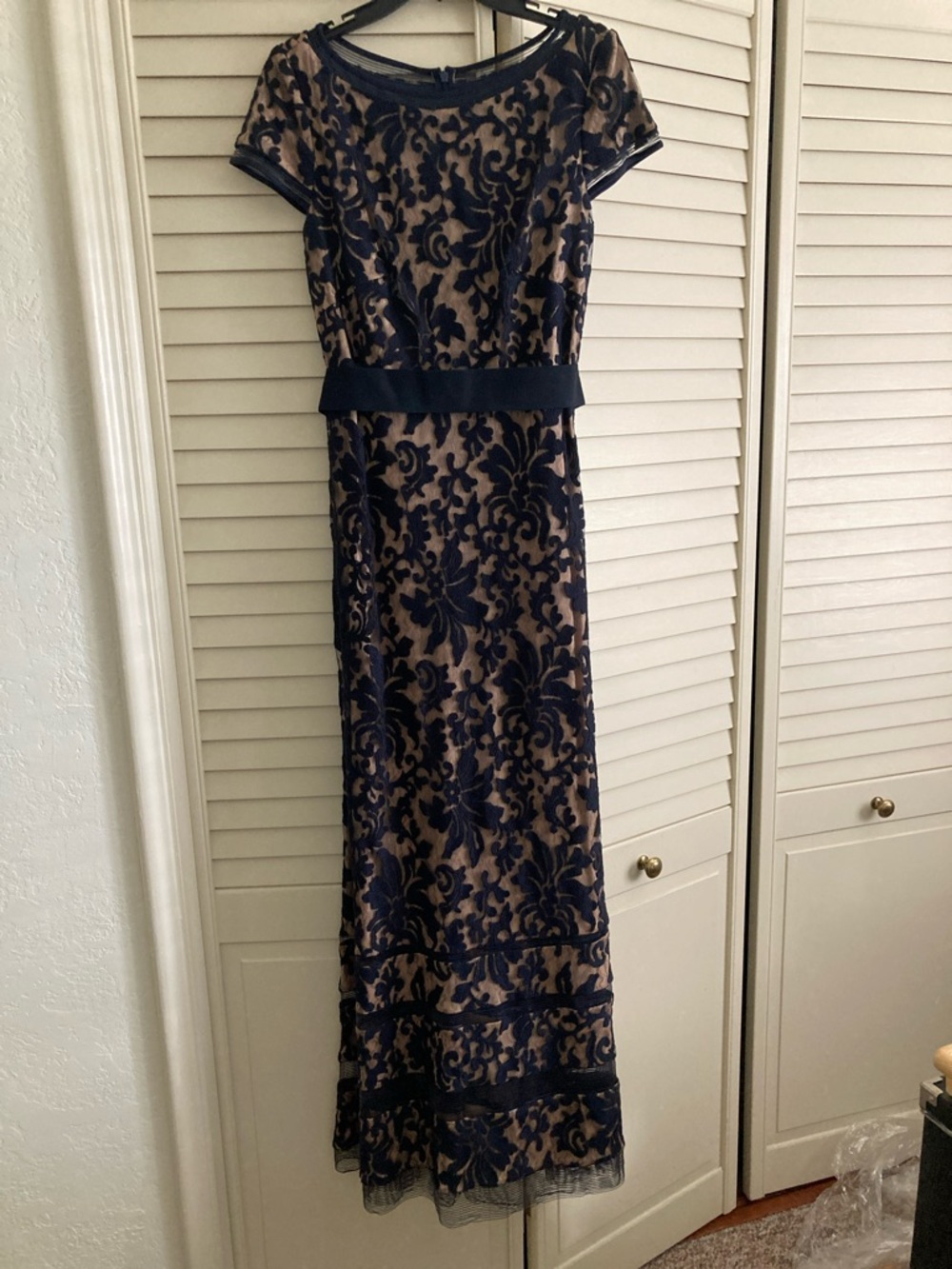 Tadashi Shoji Navy Floral Lace Overlay Maxi Dress on Nude Base